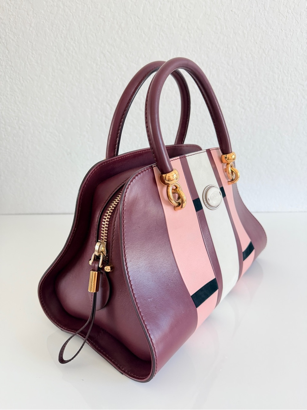 Tod's Pink and Burgundy Leather Stripe Satchel - Picture 3 of 10